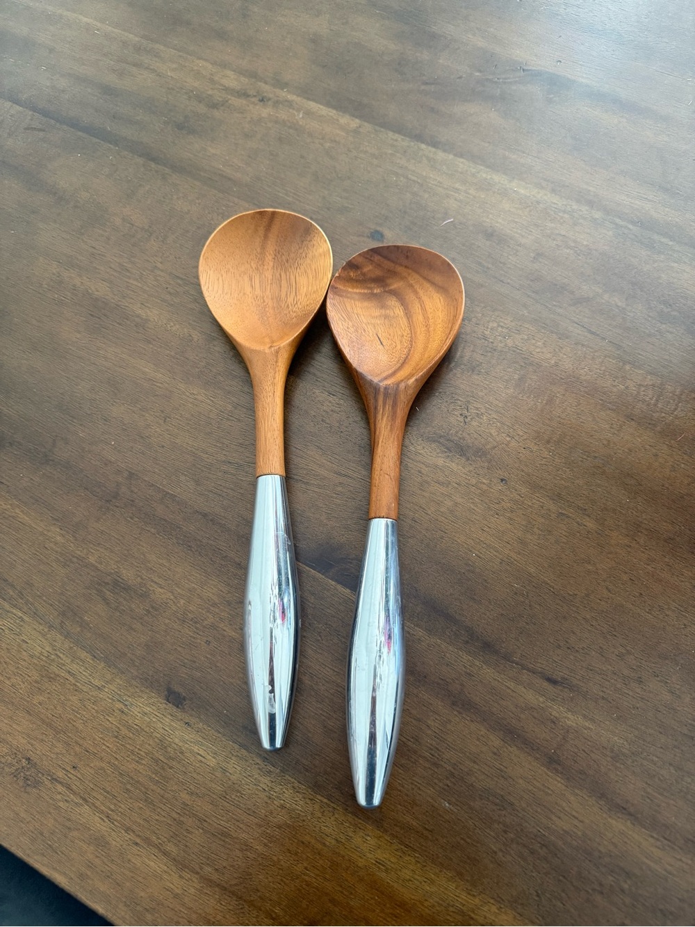 Nambe Wooden Serving Spoons with Silver Handles - Brown and Silver Set of 2